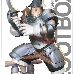 May include: A stylized 3D figure of a knight in silver plate armor, wearing a pointed helmet with a white feather, holding a sword with both hands. The figure features a brown belt with intricate patterns and text reading Nomnom Figures APRIL 2026.