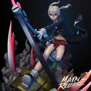 May include: A dynamic anime-style figurine of a blonde character with twin tails, wearing a black coat, yellow sweater, and red plaid skirt. The character holds a large scythe, standing on a textured base with red accents and the text MAIN RELEASE.