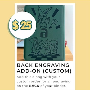 May include: A dark green binder featuring a laser-engraved design of various cartoon creatures, including a central character with pointed ears and a lock icon, positioned above a group of three smaller creatures on a checkered pattern base.