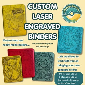 May include: Custom laser-engraved binders in various colors, featuring detailed designs. The image showcases several binders, including yellow, red, teal, and green, with engraved artwork. Text on the image reads "Custom Laser Engraved Binders" and "Choose from our ready made designs..."