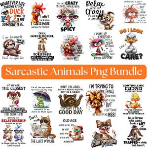 Pode incluir: Uma coleção de gráficos de animais humorísticos com frases sarcásticas. As imagens apresentam vários animais como patos, bichos-preguiça e gatos, cada um com uma expressão única e texto espirituoso. O pacote é rotulado como "Sarcastic Animals Png Bundle".
