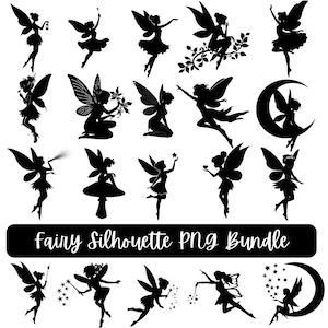 Peut inclure: Ensemble de silhouettes de fées noires dans diverses poses, notamment en vol, tenant des baguettes et assises sur un croissant de lune. Le texte "Fairy Silhouette PNG Bundle" est affiché sur une bannière noire en bas.