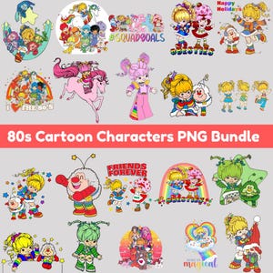 May include: A collection of colorful 80s cartoon character PNG images. The images include characters with rainbow, star, and cloud motifs, and text such as "Happy Holidays", "Besties", and "Friends Forever".