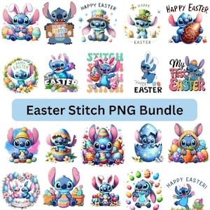 May include: A collection of colorful PNG images featuring the character Stitch from Lilo & Stitch, celebrating Easter. Stitch is depicted with Easter eggs, bunny ears, and holding baskets. Text includes "Happy Easter" and "Easter Stitch PNG Bundle."
