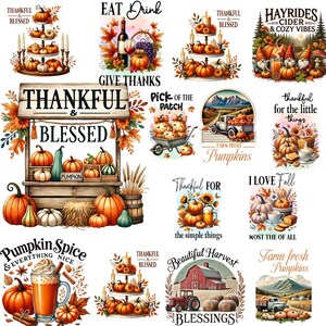 Fall PNG Bundle, Thankful & Blessed Sublimation Designs, Pumpkin Spice Autumn Clipart, Farm Fresh Pumpkins, Thanksgiving PNG