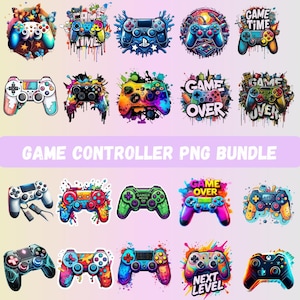 May include: A collection of colorful game controller PNG images. Each controller features a unique design with vibrant colors and artistic details. Text includes "GAME TIME", "GAME OVER", and "NEXT LEVEL". The phrase "GAME CONTROLLER PNG BUNDLE" is also present.