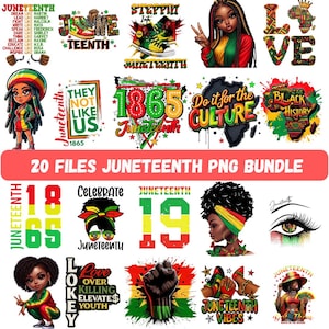 Może przedstawiać: Kolekcja grafik PNG o tematyce Juneteenth. Obrazy zawierają tekst, taki jak "Juneteenth", "1865" i "Do it for the Culture". Inne grafiki przedstawiają ilustracje czarnych postaci, but&oacute;w i uniesionej pięści. Pakiet oznaczony jest jako "20 FILES JUNETEENTH PNG BUNDLE."
