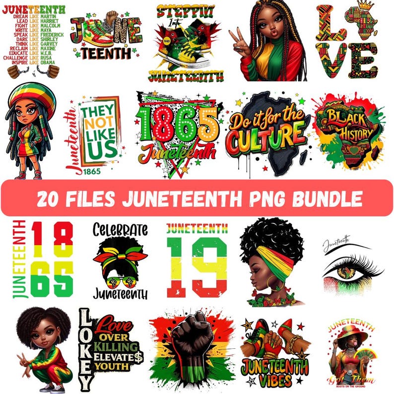 Może przedstawiać: Kolekcja grafik PNG o tematyce Juneteenth. Obrazy zawierają tekst, taki jak "Juneteenth", "1865" i "Do it for the Culture". Inne grafiki przedstawiają ilustracje czarnych postaci, but&oacute;w i uniesionej pięści. Pakiet oznaczony jest jako "20 FILES JUNETEENTH PNG BUNDLE."