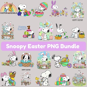 May include: A collection of Snoopy-themed Easter PNG images. Snoopy is depicted with Easter eggs, bunny ears, and baskets. The images include text that says "Easter Beagle", "Happy Easter!", and "Hoppy Easter!"