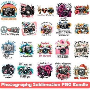 Puede incluir: Un conjunto de diseños con temática de fotografía, con cámaras y elementos florales. Los diseños incluyen frases como "Enfócate en la positividad" y "Captura el momento". Ideal para proyectos de sublimación.