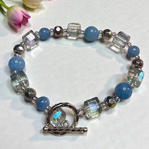 Aqua Chalcedony Bracelet, Crystal Cubes, Hematite Beaded Bracelet, Toggle Clasp,