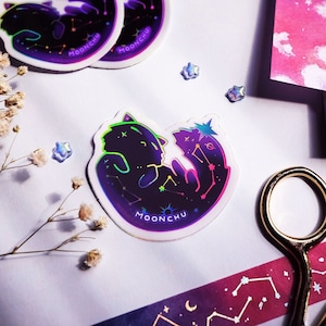 constellation cat holographic accent die cut vinyl sticker | STICKER | cat sticker decal moon laptop sticker constellation sticker