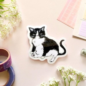 mr. kitty black cat die cut vinyl sticker | STICKER | black kitty cat sticker, tuxedo cat art, pet portrait sticker, black cat lover gift