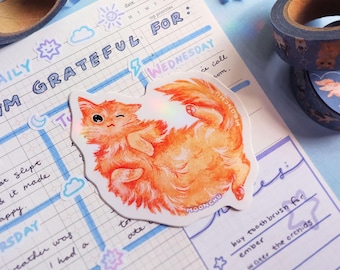 winking orange cat vinyl sticker | STICKER | orange kitty cat sticker, happy cat art, fluffy cat sticker, tabby cat pet portrait, adopt!