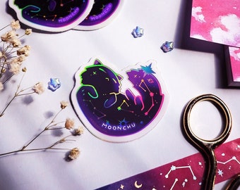 constellation cat holographic accent die cut vinyl sticker | STICKER | cat sticker, moon cat laptop sticker, space animal sticker decal