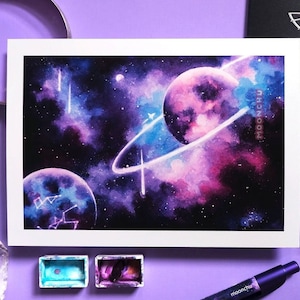 december moonchu original art space planet painting | PRINT | galactic art, celestial art, space lover art, planet astronomy illustration