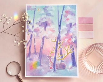 freshly fallen, original art print | A5 MIXED MEDIA ART | winter pastel painting, deer illustration