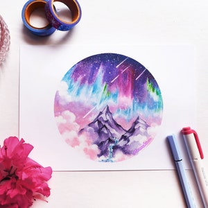 december's cold moon mountain landscape aurora painting | A5 MIXED MEDIA ART | moonchu original art painting, mountainscape, aurora art