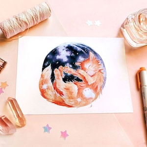october's hunter's moon cat pet portrait | A5 MIXED MEDIA ART | orange cat art, original cat painting, halloween art, tabby cat, moon cat