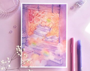 afternoon nap, original art print | A5 WATERCOLOUR ART | cute cat illustration, cozy pastel painting