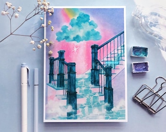 rainfall, original art print, surreal art | A5 MIXED MEDIA ART | architectural illustration, stairs