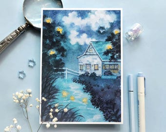 light on for you, original art print, surreal art | A5 MIXED MEDIA ART | cottage illustration, moody blue painting