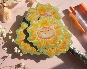 sunflower cat sparkle vinyl sticker | STICKER | orange tabby cat lover, pet portrait, holographic effect