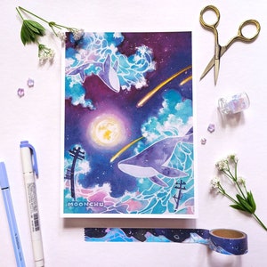 lament whale original art print | A5 WATERCOLOUR ART PRINT | serene surreal art, ocean wall art painting, whale art painting, celestial art