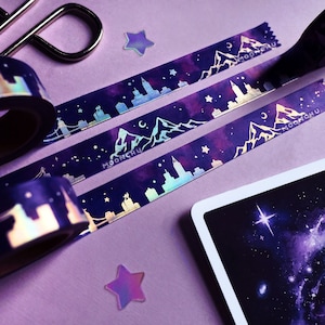 after hours city skyline washi tape | STATIONERY | moonchu cityscape washi, original art washi tape, holographic washi tape, mountain washi