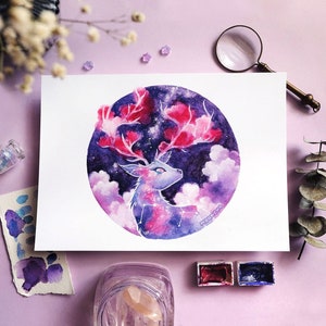 july's buck moon deer art | A5 MIXED MEDIA ART | deer art print, whimsical decor, buck art, cloud painting, surreal celestial animal art