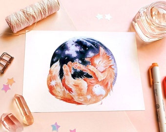 october's hunter's moon cat pet portrait | A5 MIXED MEDIA ART | orange cat art, original cat painting, halloween art, tabby cat, moon cat