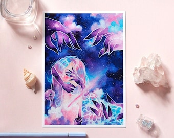 Obra de arte sombría y melancólica, pintura oscura y tenebrosa / IMPRESIÓN DE ARTE EN ACUARELA / arte emotivo, arte de seres celestiales, arte del duelo, obra de arte oscura, pintura a mano