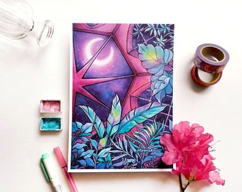 Una tranquila lámina artística original de Moonchu para invernadero / Arte de técnica mixta A5 / Pintura botánica de invernadero, regalo para plantas de interior, arte de fases lunares, duelo