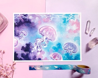 jelly journey | A5 WATERCOLOUR ART PRINT | nautical wall decor, ocean print, jellyfish art, serene art, whimsical painting, ocean lover gift