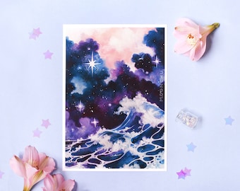 4:30am ocean wave original art | A5 WATERCOLOUR ART PRINT | original watercolor art, ocean art print, whimsical art print, cloud art print