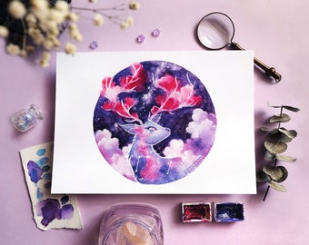 july's buck moon deer art | A5 MIXED MEDIA ART | deer art print, whimsical decor, buck art, cloud painting, surreal celestial animal art