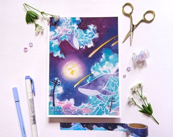Lámina artística original "Lamento de ballena" / Lámina artística en acuarela tamaño A5 / Arte surrealista sereno, pintura mural oceánica, pintura de ballenas, arte celestial