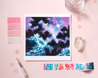 north star art print | WATERCOLOUR ART PRINT | ocean wave art print, original watercolor painting, celestial painting, gloomy moody sky art
