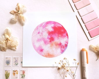 pink moon original art print | MIXED MEDIA PRINT | serene moon painting, moon art wall decor, celestial painting, colorful art, moonchu art