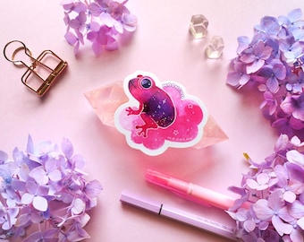strawberry jam frog on a pink cloud die cut vinyl sticker | STICKER | original froggy art frog illustration, cute fruit animal sticker