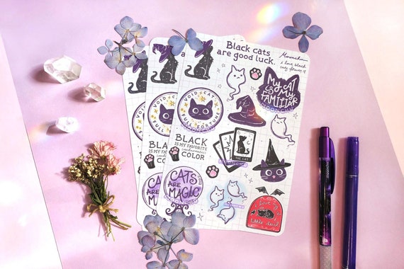 i love black cats forever halloween sticker sheet, moonchu original art | STICKERS | black cat sticker sheet, witchy cat stationery sticker