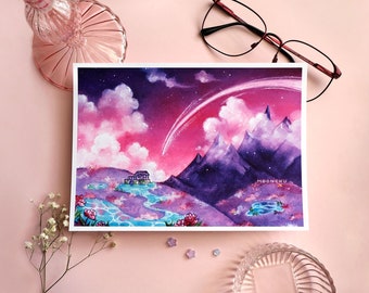 where i'll find you original art | A5 MIXED MEDIA ART | moonchu art, mountain art print, cloud art print, whimsical dream landscape painting