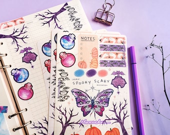 very spooky scary kiss cut sticker sheet moonchu original art | STICKERS | halloween sticker sheet, autumn planner stationery witchy sticker