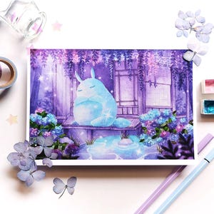 in my dreams, serene garden painting | A5 MIXED MEDIA PRINT | bunny painting, wisteria hydrangea painting, fantasy dreamy art, miss you gift