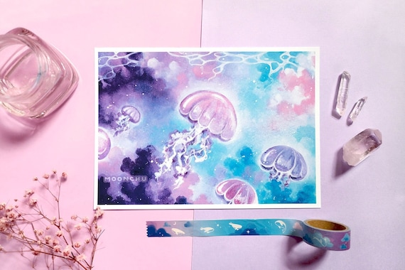 jelly journey jellyfish art | A5 WATERCOLOUR ART PRINT | nautical wall decor, ocean print, serene art, whimsical painting, ocean lover gift
