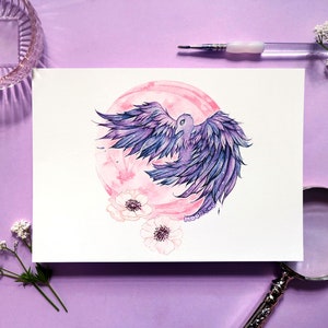 march's worm moon raven bird art | A5 WATERCOLOUR ART PRINT | bird lover gift, crow illustration, dreamy celestial art, pink moon painting