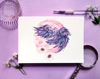 march's worm moon raven bird art | A5 WATERCOLOUR ART PRINT | bird lover gift, crow illustration, dreamy celestial art, pink moon painting