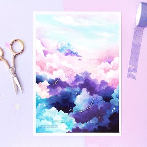 float moonchu original art pastel cloud painting | A5 WATERCOLOUR ART PRINT | whimsical art, dreamy landscape art, skyscape painting