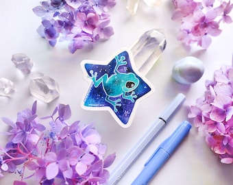very cool space frog surfing on a star die cut vinyl sticker | STICKER | original frog illustration, space animal sticker