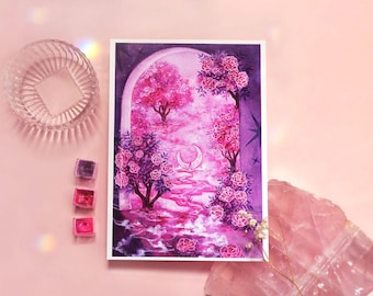 with the camellias moonchu original art print | A5 MIXED MEDIA ART | camellia flower art, flower floral painting, pink moon, pretty flowers